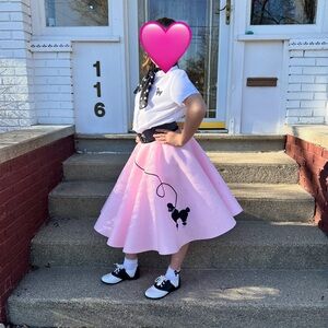 Pink Poodle Skirt with White Blouse and Black/White Accessories.